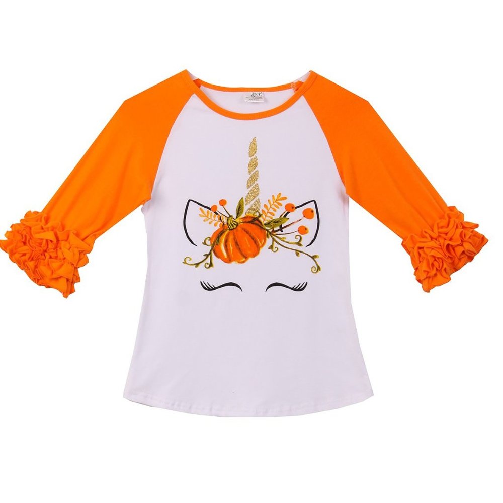 Halloween Costumes Little Girl Toddler Kid Unicorn Pumpkin School T-Shirt Orange